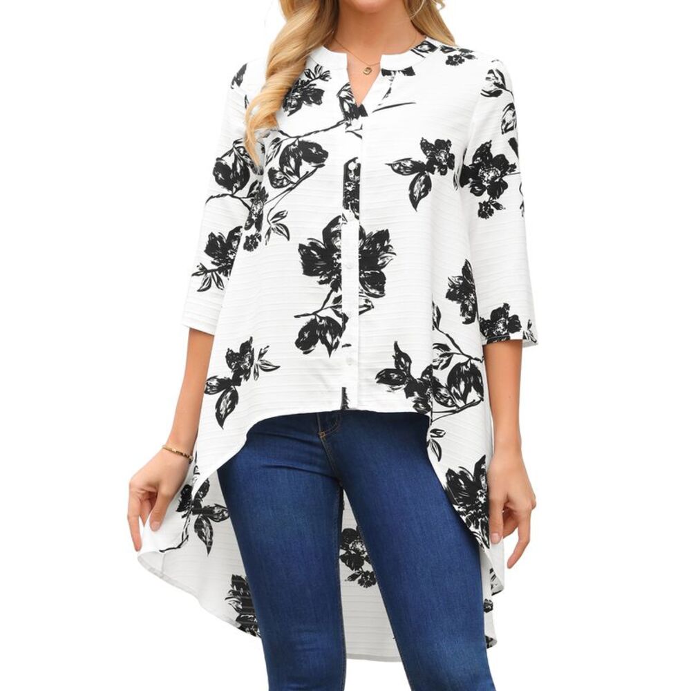 Women's High Low Tops Floral 3/4 Sleeve V Neck Loose Casual Blouse White